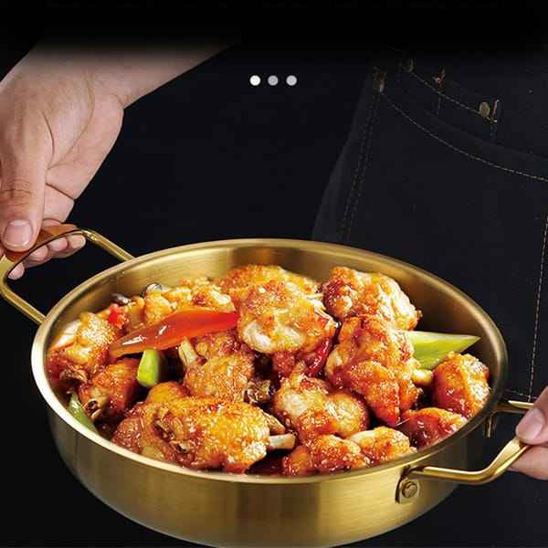 Golden Stainless Steel Korean-Style Serving Pan with Dual Handles