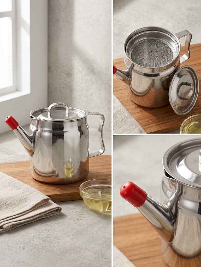 Stainless Steel Oil Dispenser Pot with Mesh Strainer and Red Handle