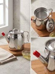 Stainless Steel Oil Dispenser Pot with Mesh Strainer and Red Handle