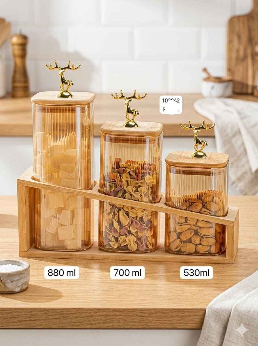 Wooden Rack Glass Storage Jar Set (3-pc)