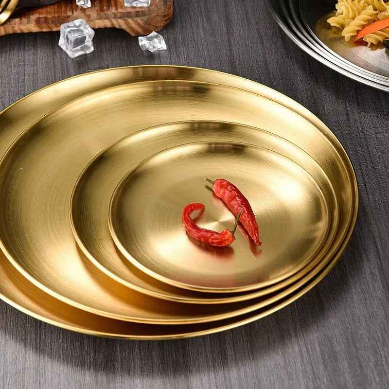 Set of Round Gold Stainless Steel Plates – Multiple Sizes