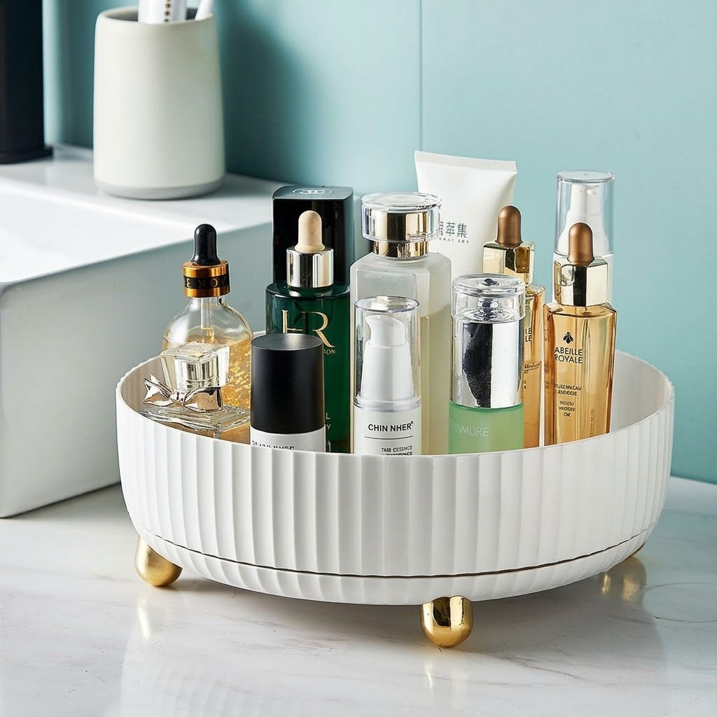 White Round Cosmetic & Skincare Storage Tray with Gold Feet
