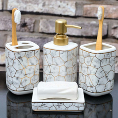 Ceramic Bathroom luxurious Accessories Set – 4 pcs Gold and White