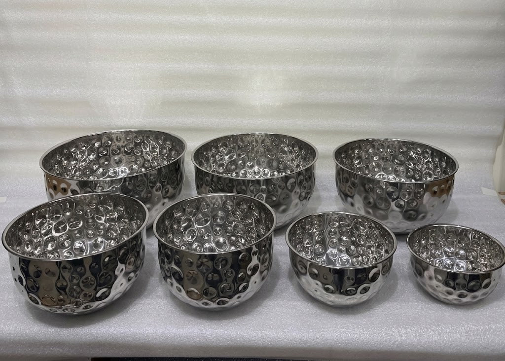 Stainless Steel Hammered Texture Mixing/Serving Bowls Set of 7