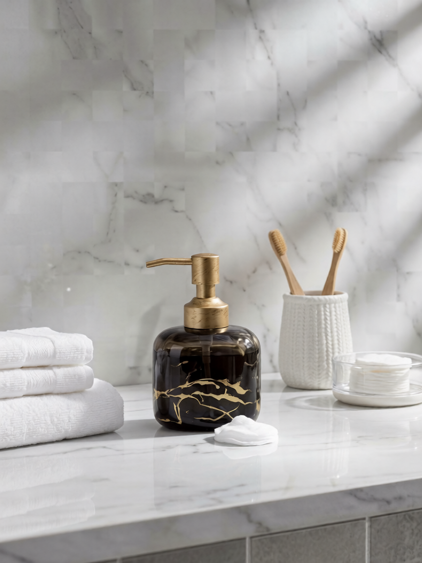 Black & Gold Marble Ceramic Soap Dispenser with Greek Key Band