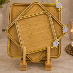 Square Bamboo Serving Trays Set of 3 with Gold Trim