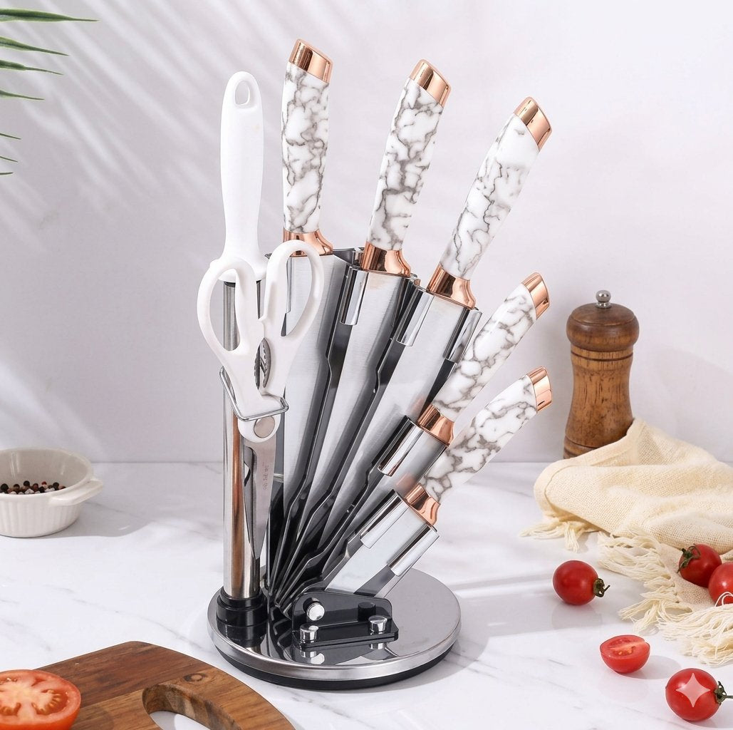 Premium Royal Marble & Wood-Grain 9-Pcs Kitchen Knife Set