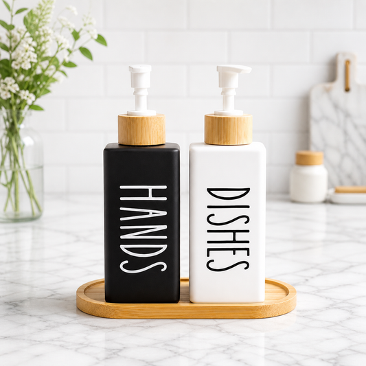 2-Piece Soap & Dishwashing Liquid Dispenser Set with Bamboo Tray | Kitchen Sink Organizer