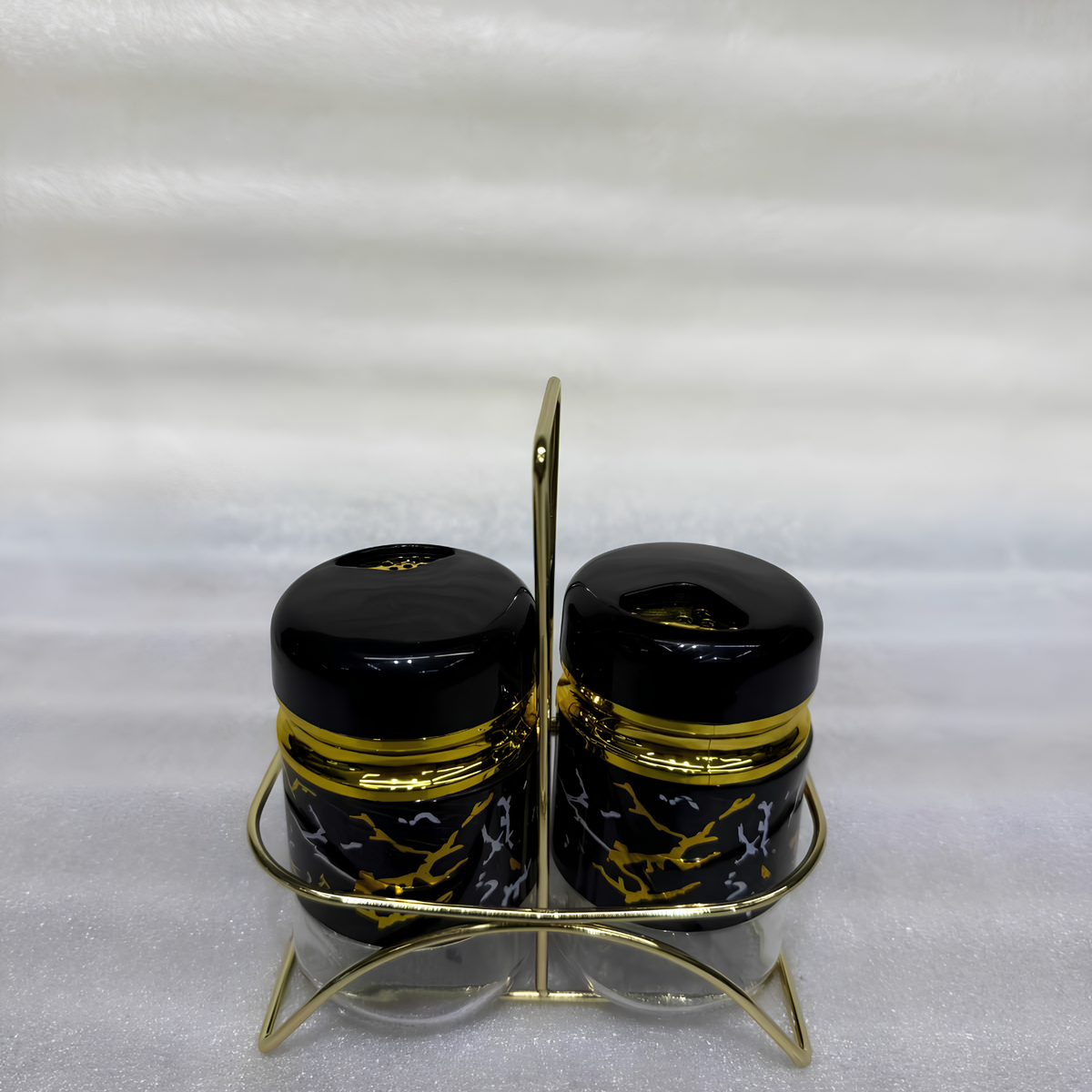 Marble Design Salt & Pepper Set with Stand - Black & Gold