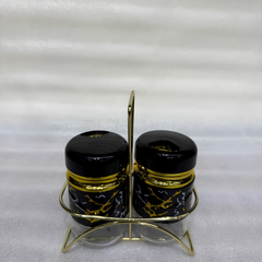Marble Design Salt & Pepper Set with Stand - Black & Gold