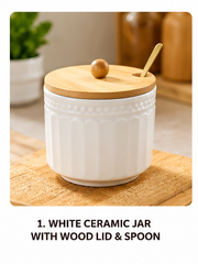Premium White Ceramic Sugar Pot with Bamboo Lid & Spoon