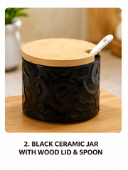 Luxury Black Ceramic Sugar Pot with Bamboo Lid & Spoon
