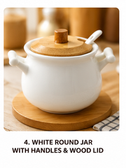 Elegant White Ceramic Sugar Pot with Bamboo Lid, Spoon & Side Handles