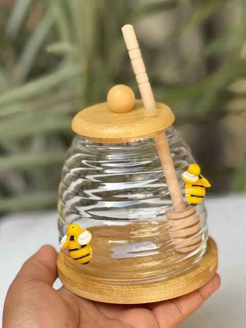 Glass Honey Jar with Bee Decoration & Wooden Dipper