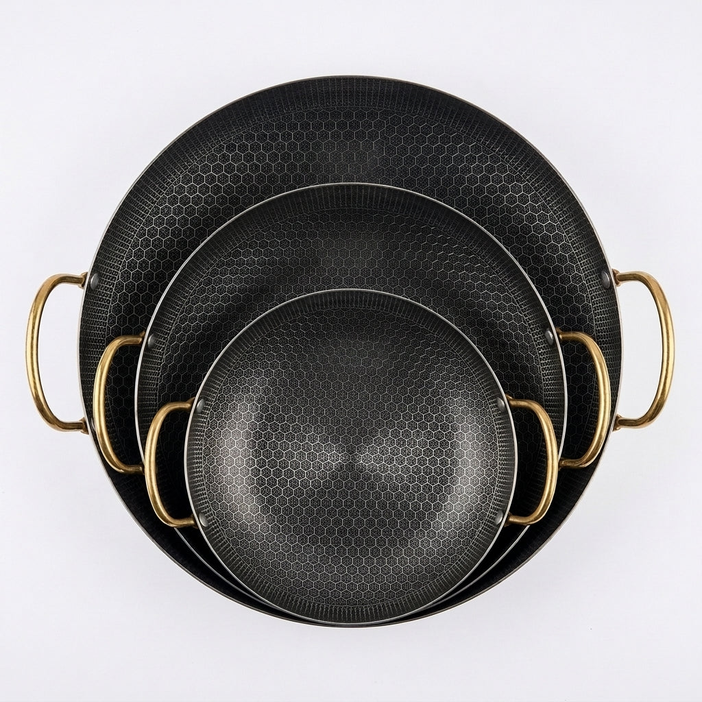 Steel Kadai / Wok Set with Brass Handles (3 Pcs)