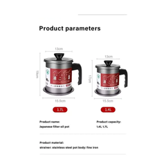 1.4L & 1.7L Stainless Steel Oil Filter Pot with Fine Mesh Strainer Reusable Kitchen Oil Storage