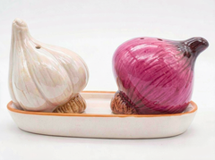 Garlic & Onion Shaped Ceramic Salt & Pepper Set with Tray
