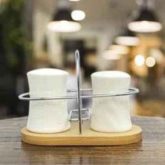 White Textured Ceramic Salt & Pepper Set with Bamboo Base