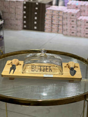 Glass Butter Dish With 2 knifes