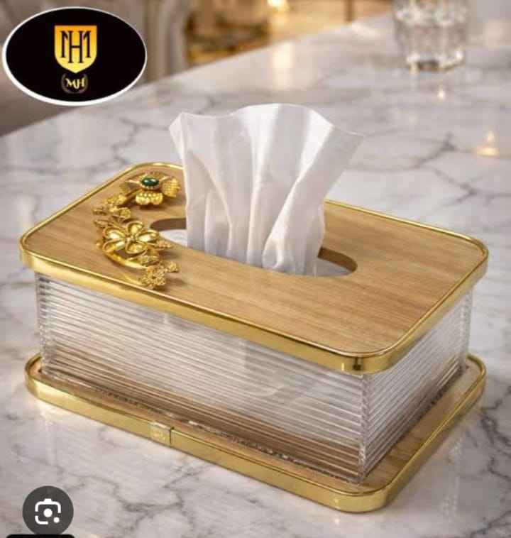 Acrylic Fancy Tissue Box  Wood Base And Top With Golden Flower Buckle