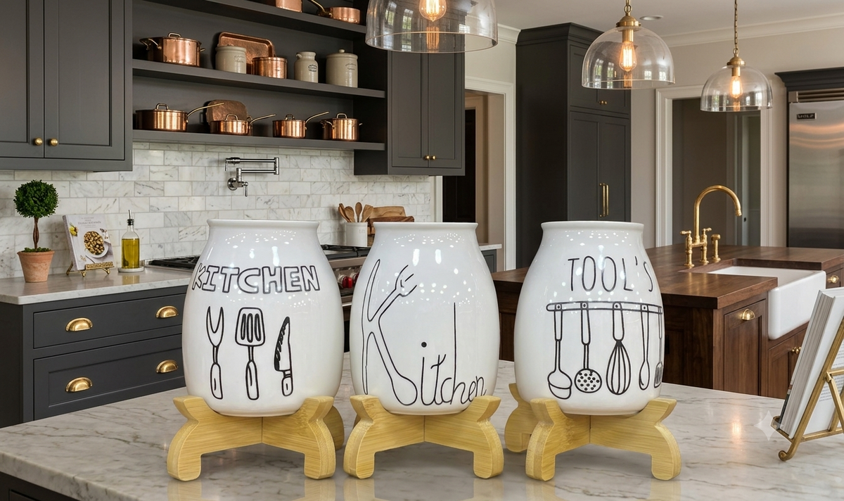 Elegant Ceramic Spoon Stand With Wooden Base Each