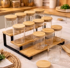3-Tier Bamboo Spice Rack with 12pcs Glass Jars 220ml Each Jar