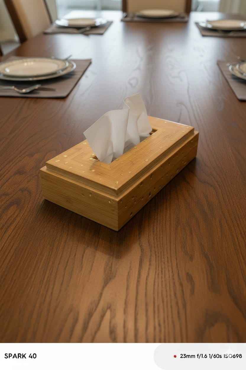 Light Weight Wooden Tissue Box With Golden Dots