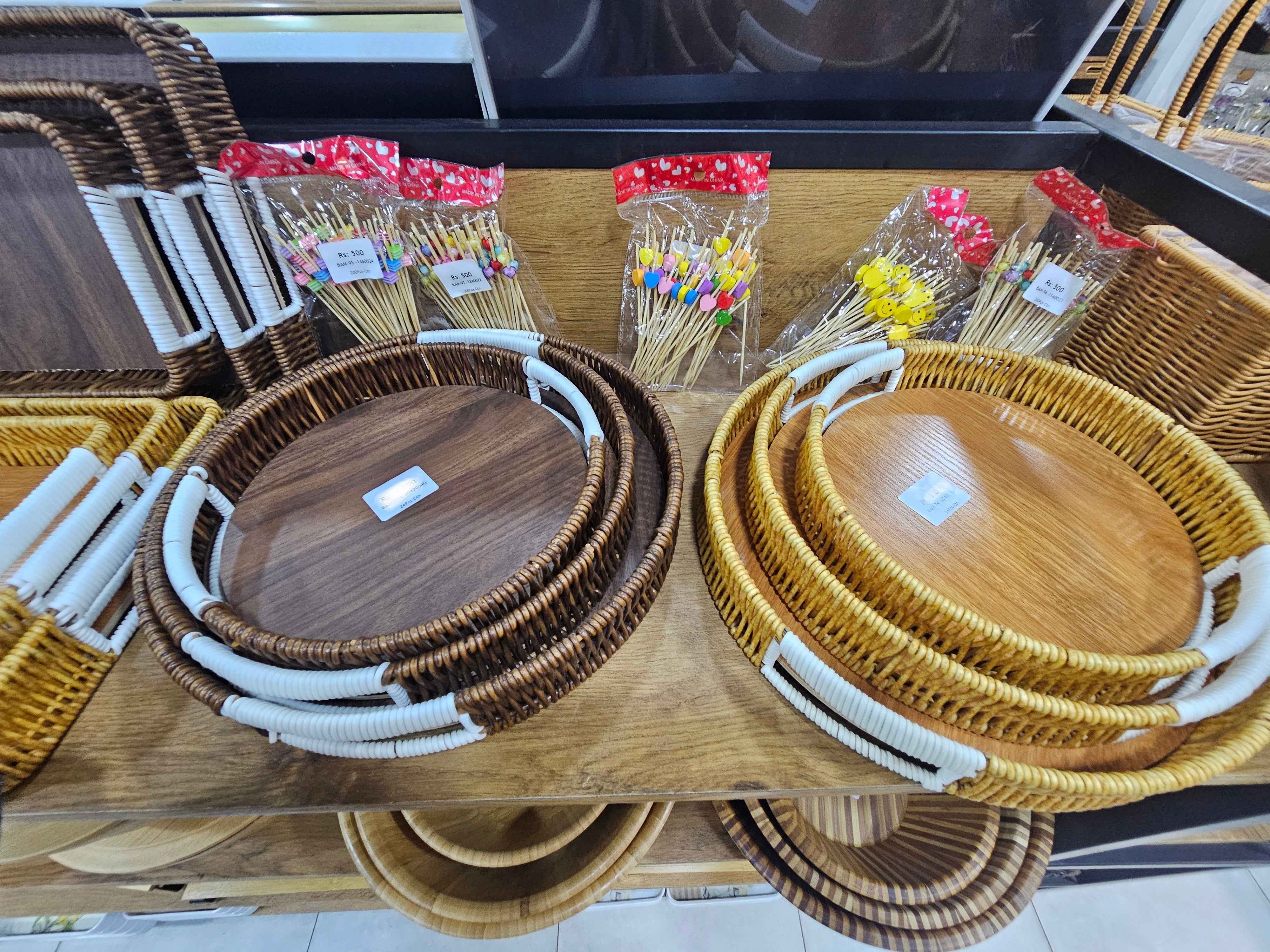 Decorative Wicker Storage Trays with Wooden Base, Set of 3, White Handles
