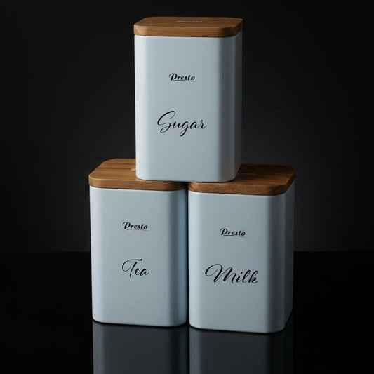Tea Milk Sugar Steel White Coating Airtght Jar With Wooden Lid Made In India 3Pcs Set