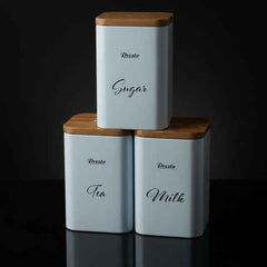 Tea Milk Sugar Steel White Coating Airtght Jar With Wooden Lid Made In India 3Pcs Set