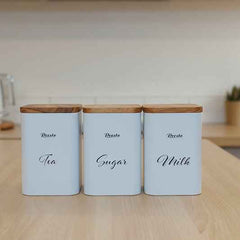Tea Milk Sugar Steel White Coating Airtght Jar With Wooden Lid Made In India 3Pcs Set