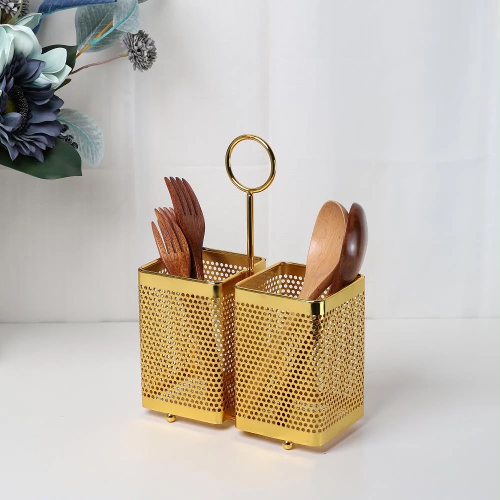 Industrial 2-Compartment Golden Metal Cutlery Holder