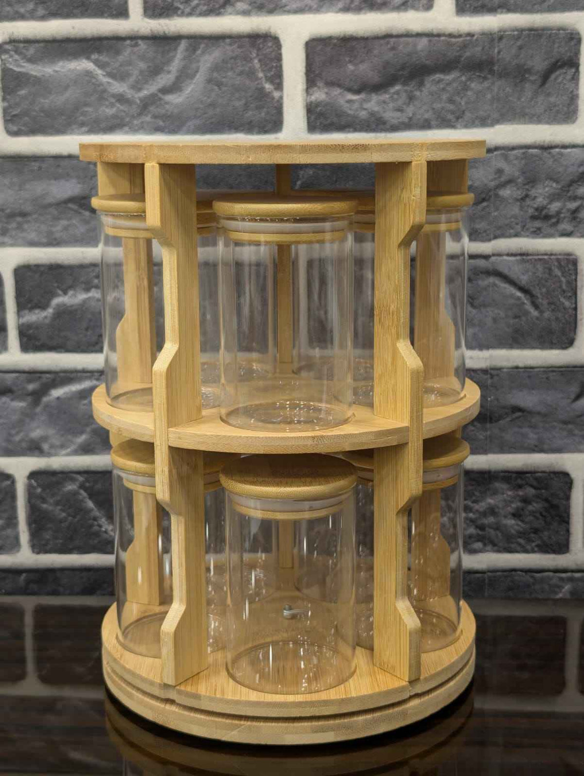 10 Bottles Glass Spice jars With Bamboo Wood 360 Rotating Stand