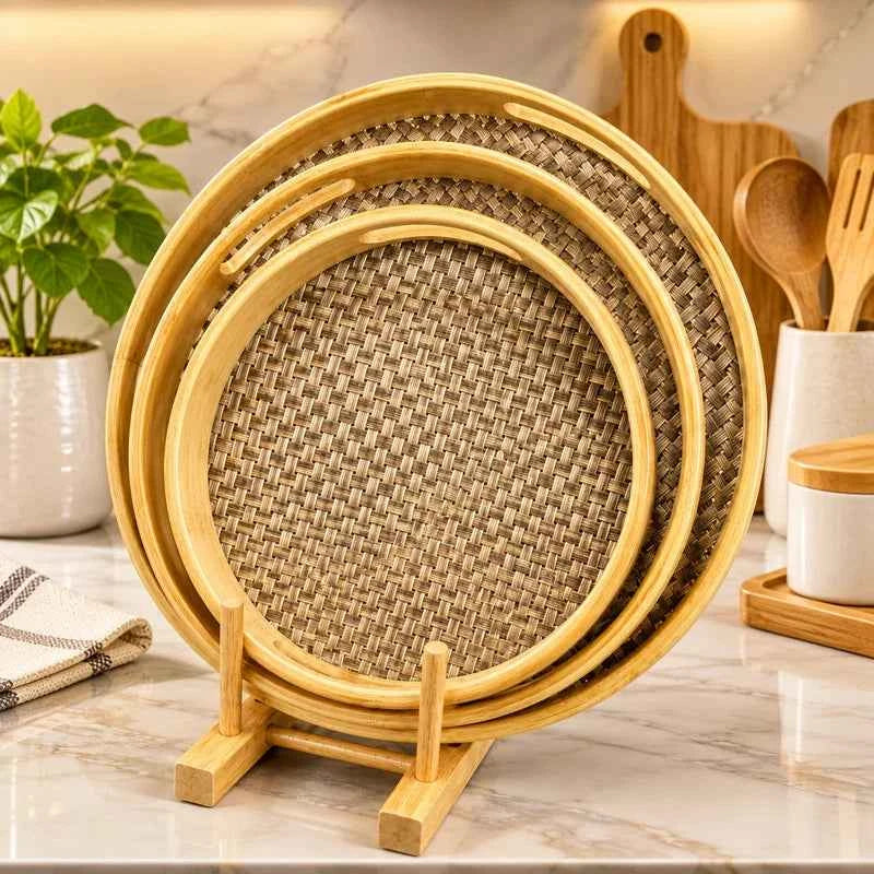 Set Of 3 Premium Rattan Bamboo Tray, Bamboo Woven Serving Tray Set, Handcrafted Bamboo Beverage Tray Set