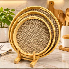 Set Of 3 Premium Rattan Bamboo Tray, Bamboo Woven Serving Tray Set, Handcrafted Bamboo Beverage Tray Set
