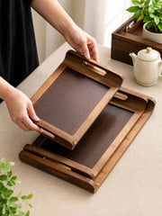 3Pcs Wooden Serving Tray Set with Handle, Multipurpose Wooden Serving Tray Set, Bamboo Style Wooden Serving Tray, Kitchen Serving Tray Set