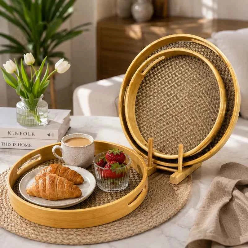 Set Of 3 Premium Rattan Bamboo Tray, Bamboo Woven Serving Tray Set, Handcrafted Bamboo Beverage Tray Set