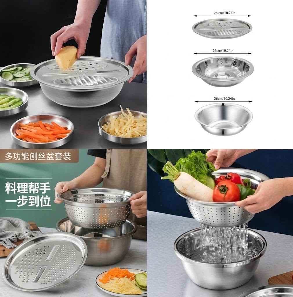 3-in-1 Stainless Steel Grater, Colander & Basin Set