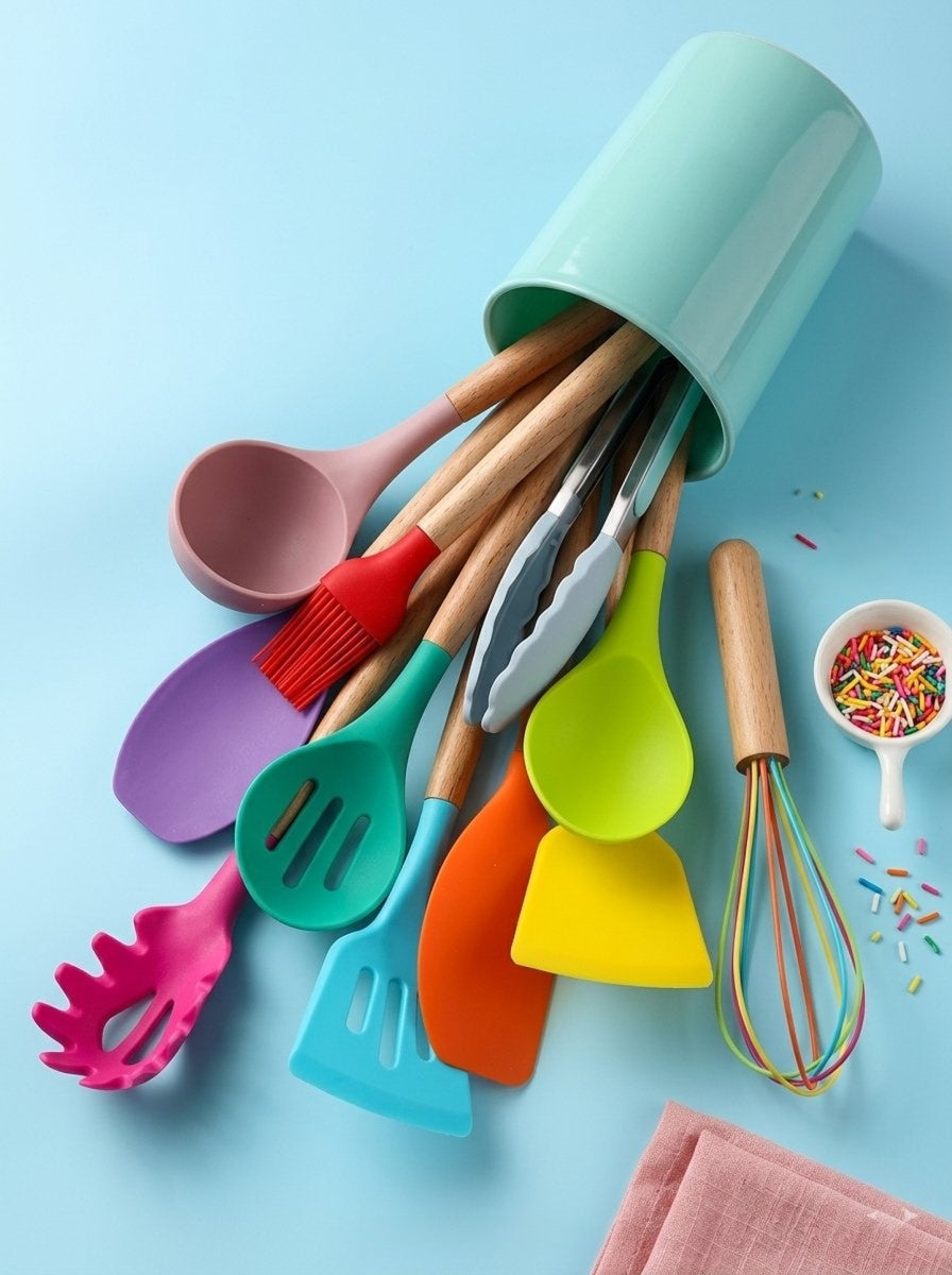 Silicone Kitchen Utensil Set with Wooden Handles