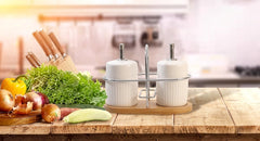 White Ribbed Ceramic Salt & Pepper Set with Bamboo Base