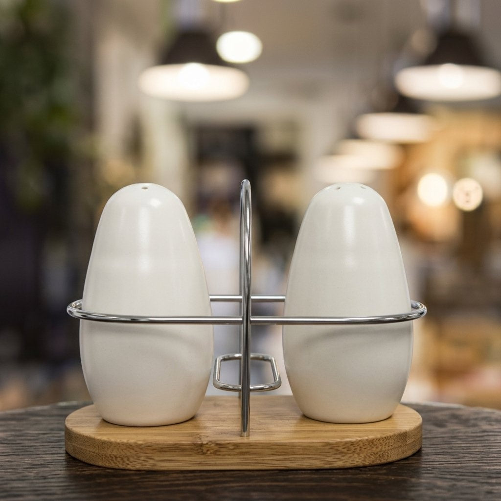 White Egg-Shape Salt & Pepper Set with Bamboo Base