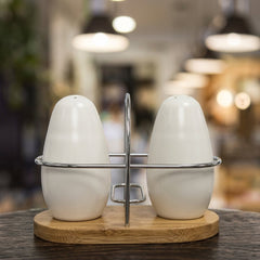 White Egg-Shape Salt & Pepper Set with Bamboo Base